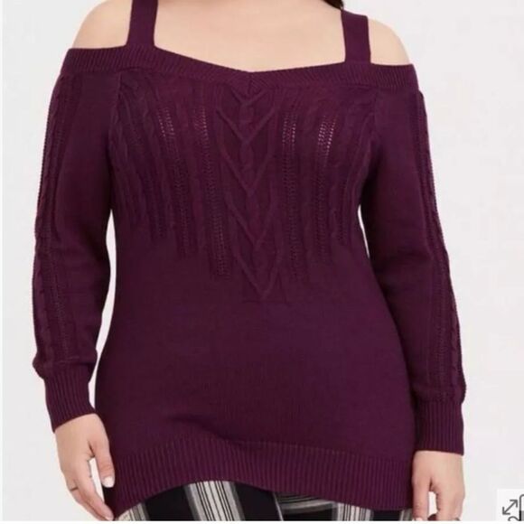 Torrid Burgundy Purple Cable Knit Open Shoulder Tunic Sweater - Picture 1 of 8